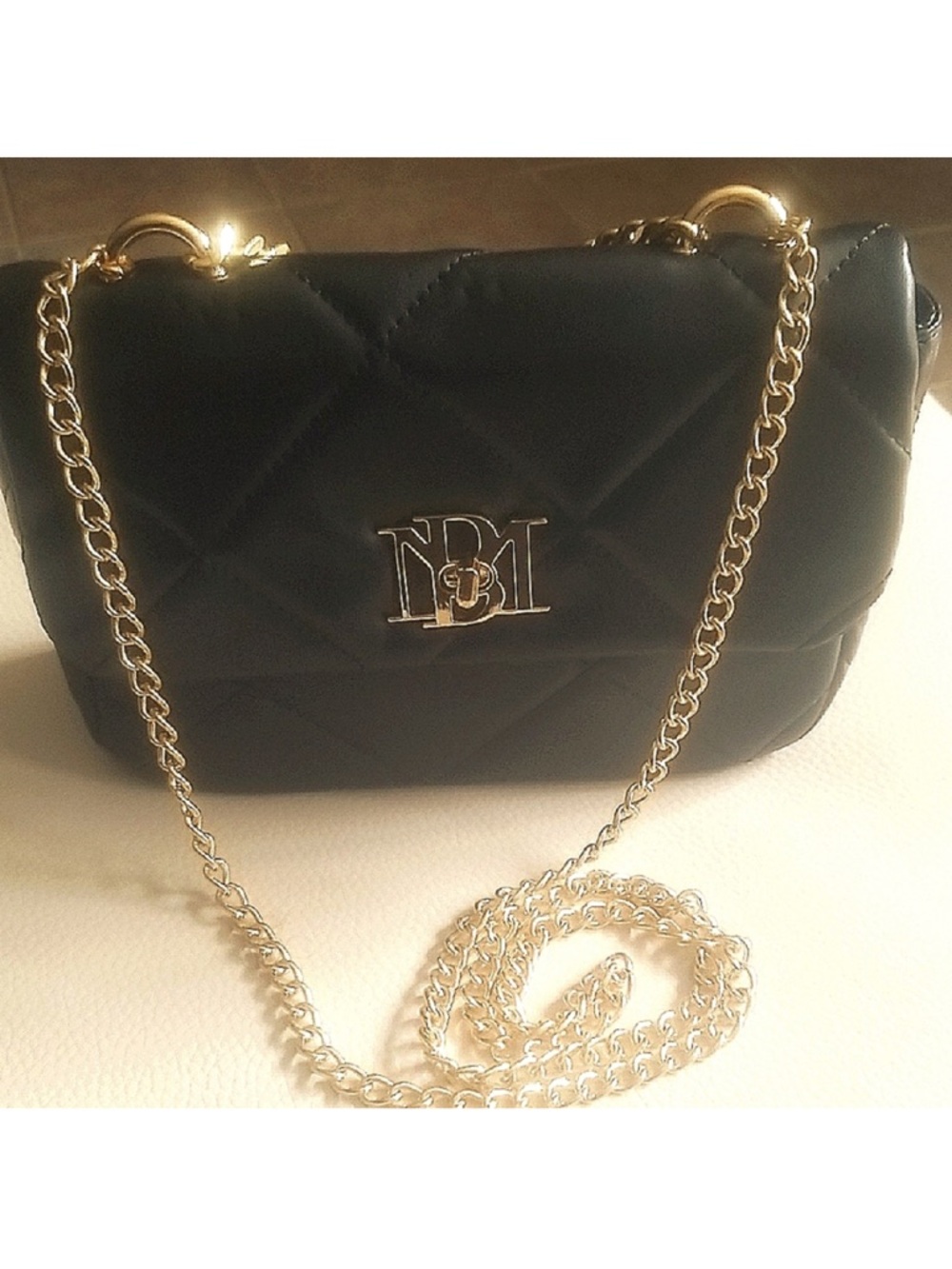 Gorgeous Bagley Mischka Black Quilted Chain Shoulder Bag with Gold Hardware NEW